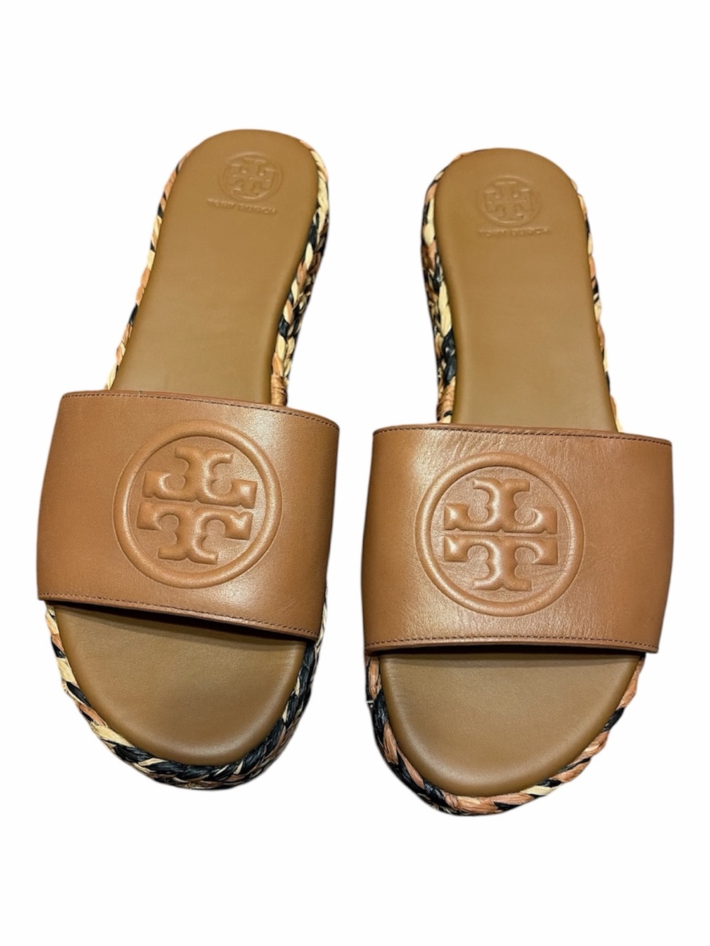 Tory Burch Double T Braided Leather Espadrille Slide Sandals Tan